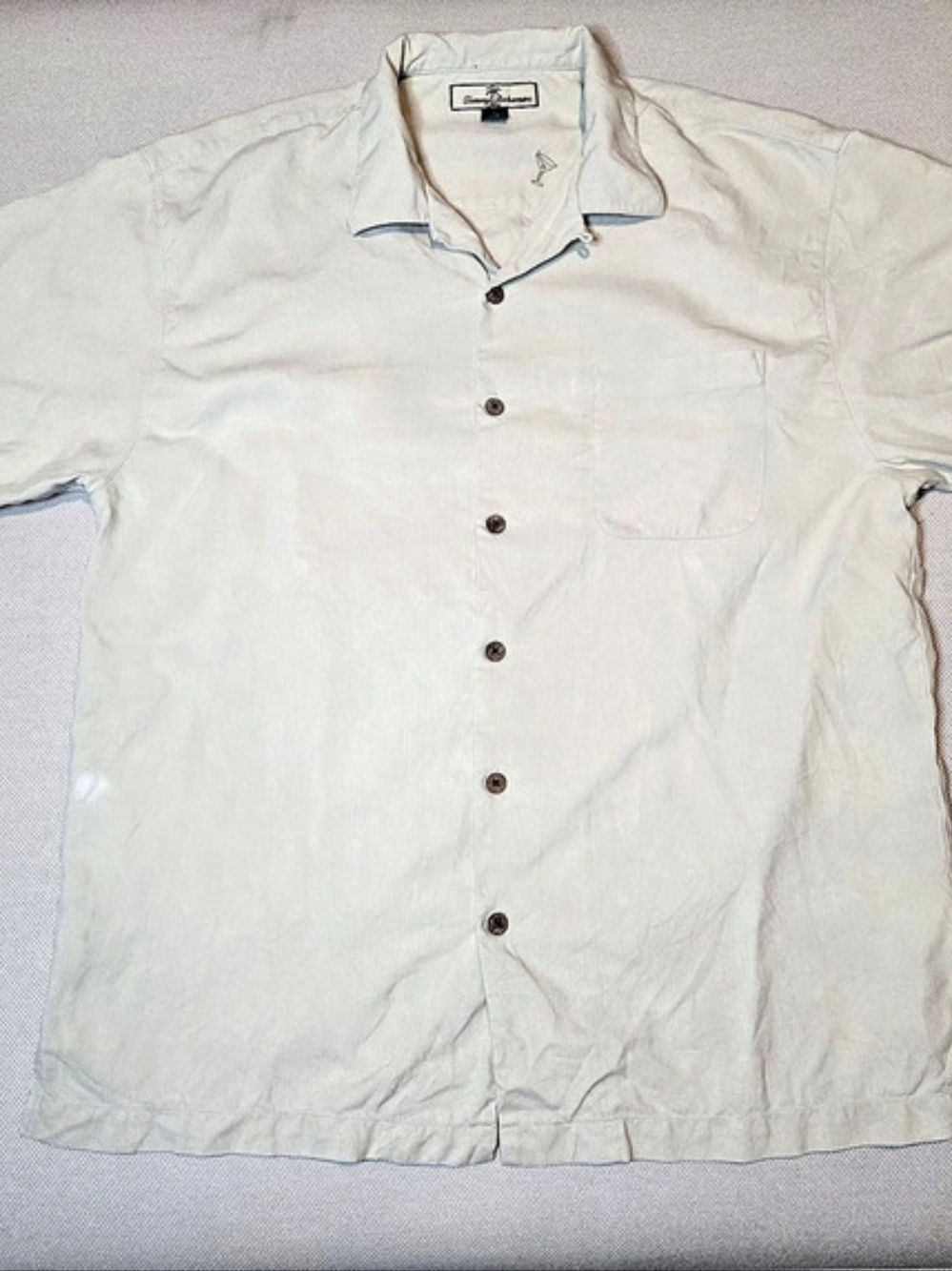 Tommy Bahama Men's Large Beige Silk Button Down Hawaiian Shirt Short Sleeve